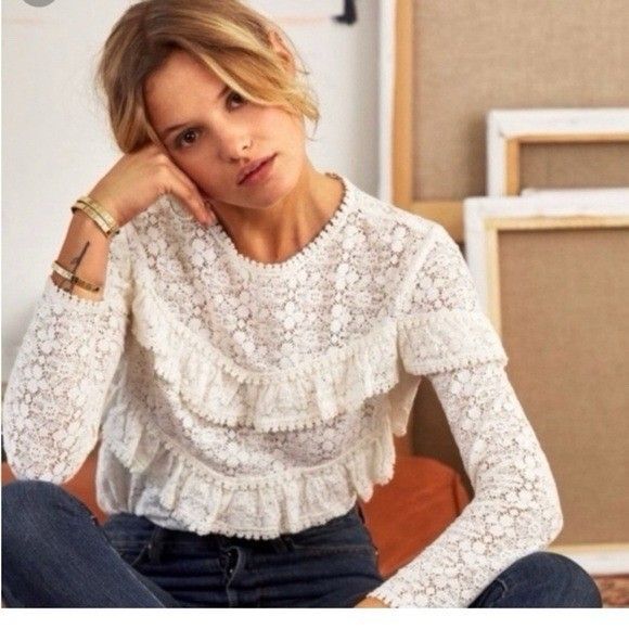 Sezane Tops - Sezane Ninon Blouse Size 40 US 8 White Lace Ruffle Long Sleeve Romantic Top